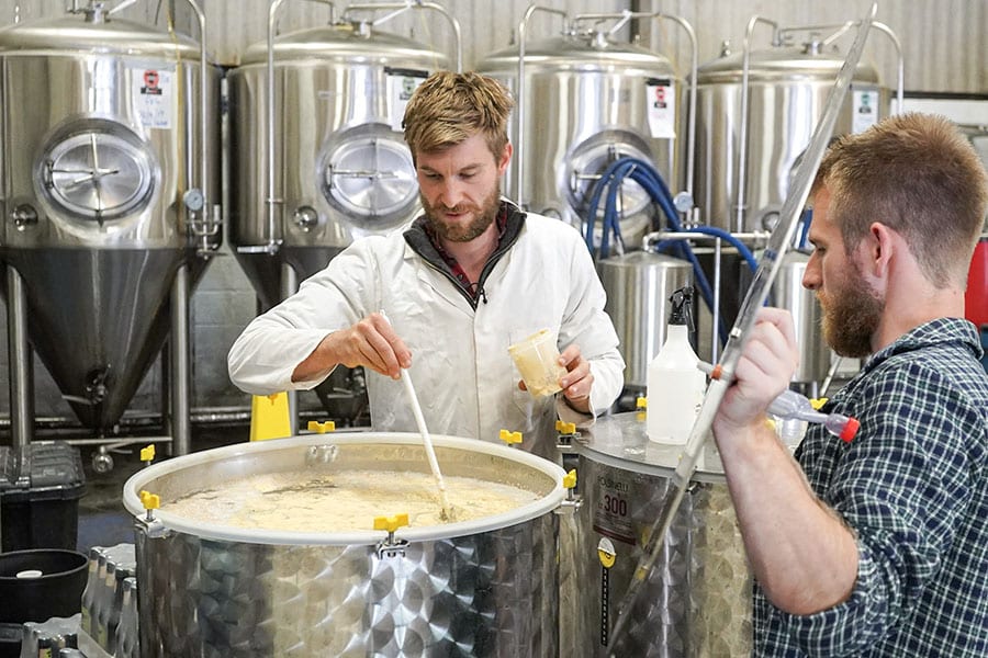 Silver brewing tanks with one tank open and one man testing it and the other holding the lid