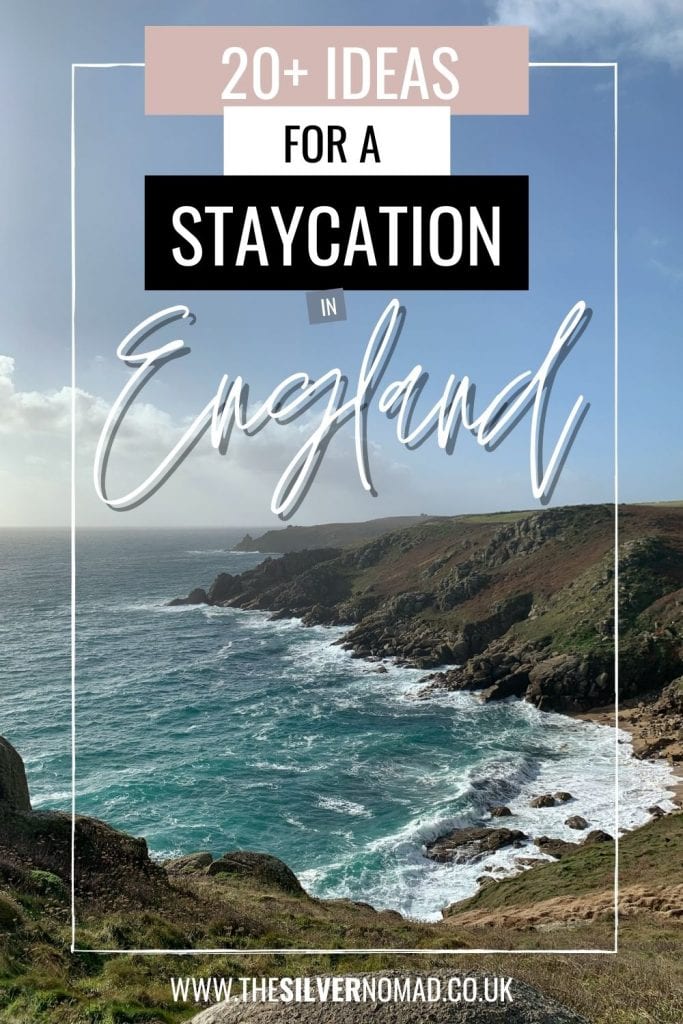 20+ of the Best Staycations in England 2 coastline with sea and cliffs with the words 20+ Ideas for a Staycation in England superimposed