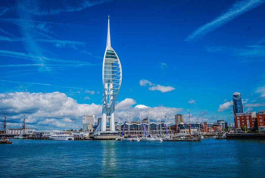20+ of the Best Staycations in England 25 Spinnaker Tower, a pointed tower with open tiers surrounded