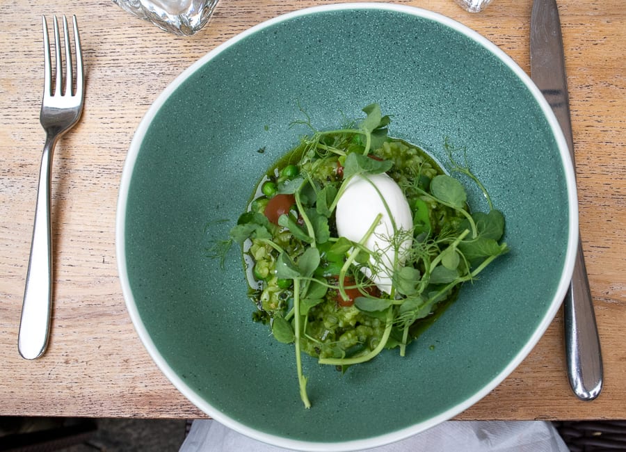 The Burleigh Court Hotel & Restaurant, Luxury in the Cotswolds 20 blue dish with green risotto and peashoots with peas and white mascarpone
