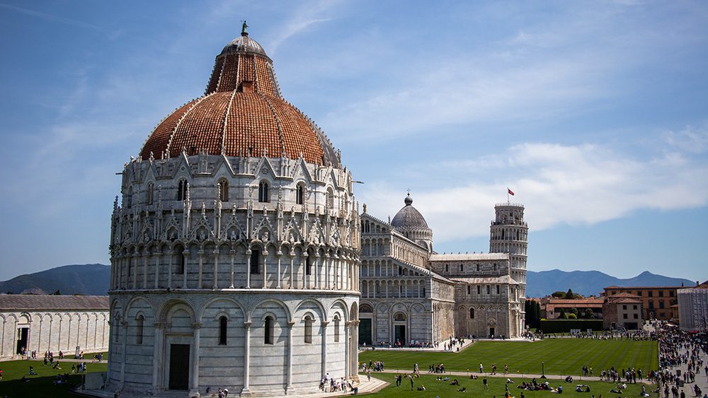 The Piazza del Douomo in Pisa with the Cathedral, the Bapistry, The Leaning Tower of Pisa and the cementry