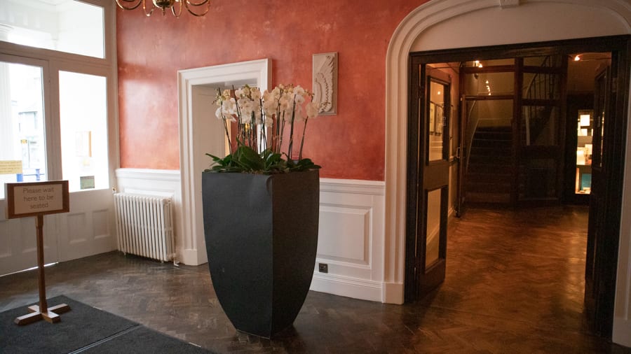 A Luxury Stay At The Angel Hotel, Abergavenny (2021) 20 tall black vase with white orchids through open doors you can see stairs in the background